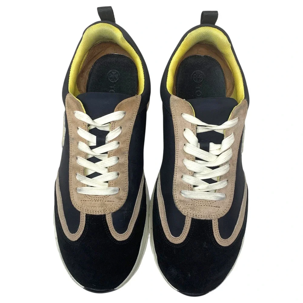 Tory Burch Good Luck Trainer Sneakers Black Leather Suede Nylon Women's Sz 12